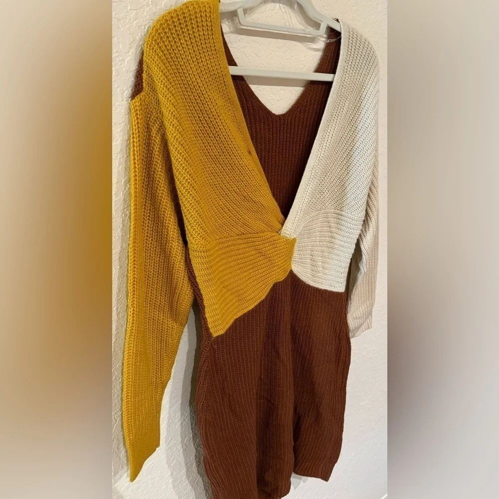 NEW Ashley Stewart Colorblock Cable Knit V-Back Knot Sweater Dress Size 14/16 - Picture 7 of 10